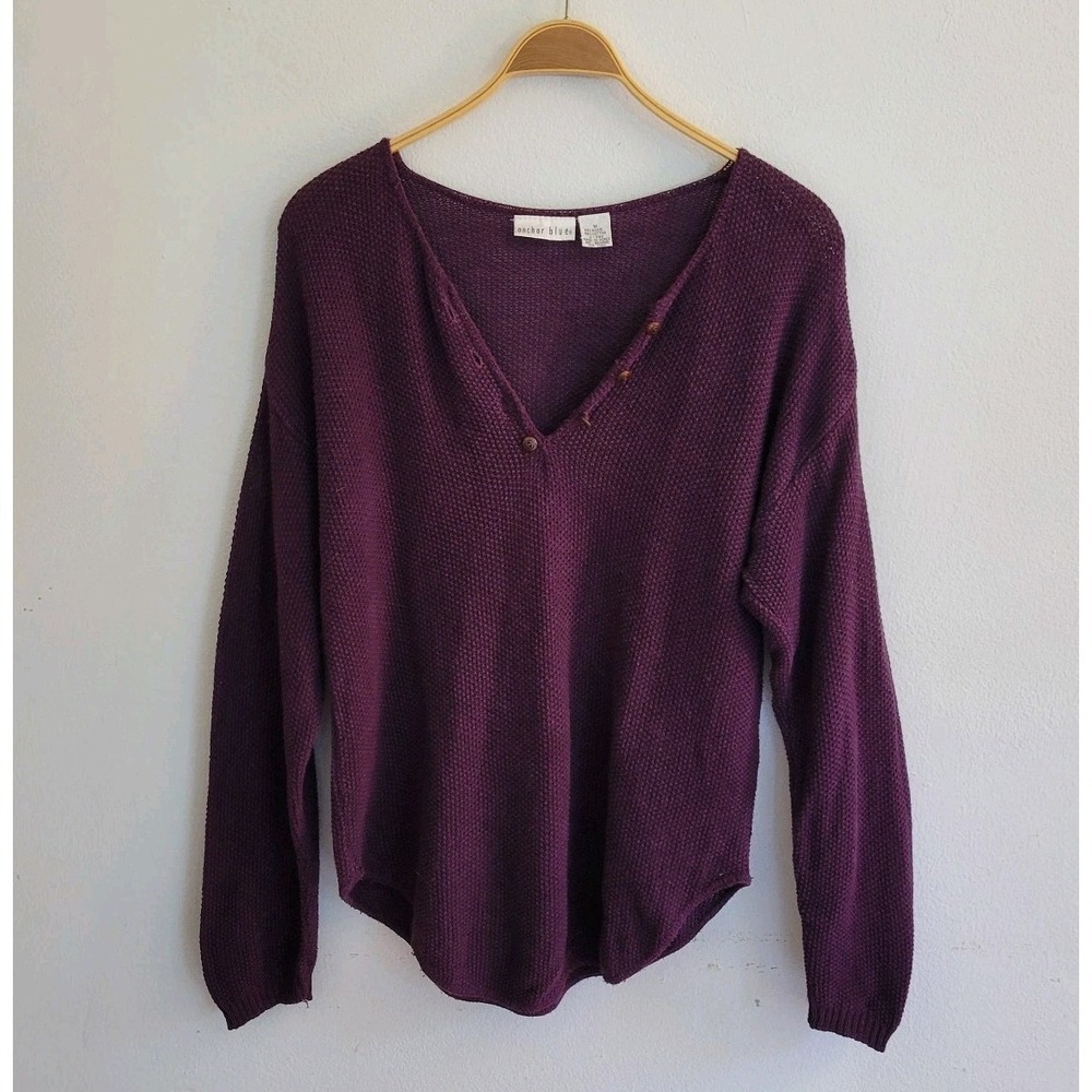 Anchor Blue Sweater Medium Vintage Ramie Cotton Knit Quarter Button V Neck Retro